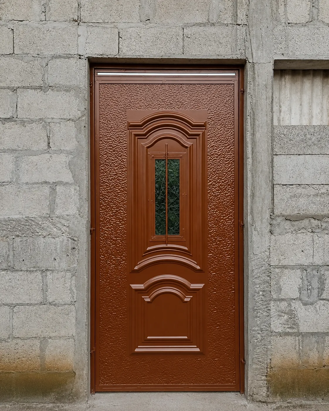 Puerta decorativa color café instalada en una construcción